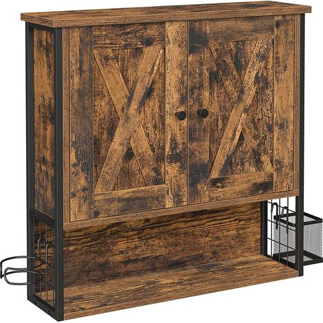 Armoire murale meuble de salle de bain placard 2 portes avec étagère réglable porte sèche-cheveux pot style industriel marron (1/3)