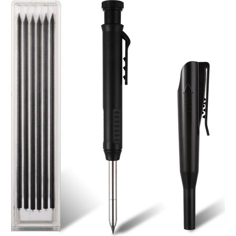 Crayon de Chantier, Crayons De Charpentier Mécaniques Avec 6 Recharges Crayon Menuisier Metal Béton Carrelage Charpentier Avec Taille Crayon Intégré Marqueur Durable(noir)