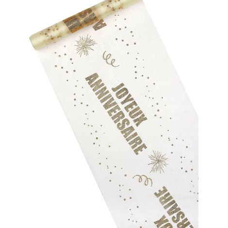 Chemin de table en organza doré « Joyeux anniversaire » 29 cm x 5 m (1/2)