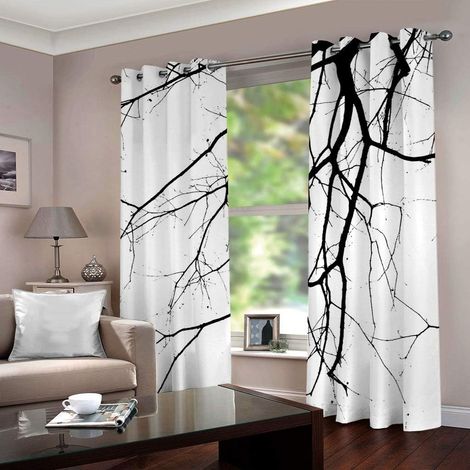 Rideau occultant 2 Pièces x 110 L x 215cm H Arbre Noir Oeillets Cuisine Adulte Isolant Thermique Opaques Petites fenêtres Moderne Décoration - Taille: 2xL110xH215cm (1/5)
