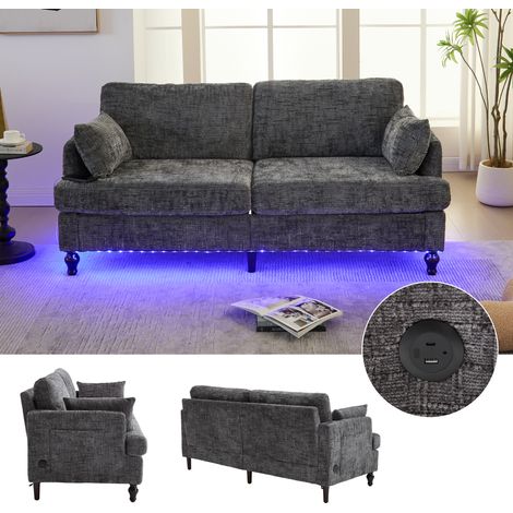 2-Sitzer gerade Sofa, Aus Chenille-Stoff, Mit mehrfarbigen LED-Leuchten, Integrierter USB-Anschluss, 175×83×78cm, Grau