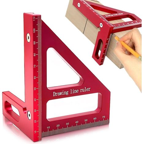 Équerre 3D à angle droit, biseautée 45/90°, en alliage d'aluminium, pour le travail du bois. Outil de mesure multifonctionnel, idéal pour les ingénieurs et les menuisiers. Couleur : rouge. (1/5)