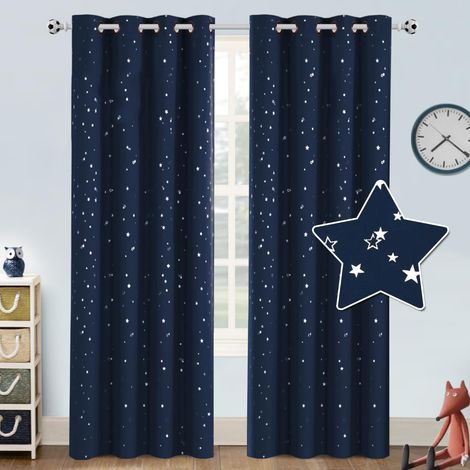 LEDANDER Rideaux occultants pour chambre à coucher, 2 pièces, rideaux étoiles argentées, rideaux occultants pour chambre d'enfant, 132213CM, bleu marine (1/5)