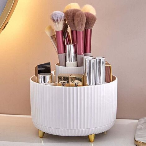 Aufbewahrungsbox, Make-up-Pinsel-Organizer, 360° drehbarer Halter – Make-up-Pinsel, 5 Fächer für Make-up, Parfüm, Lippenstift, Badezimmer, Schlafzimmer, Schminktisch (Weiß) (1/3)
