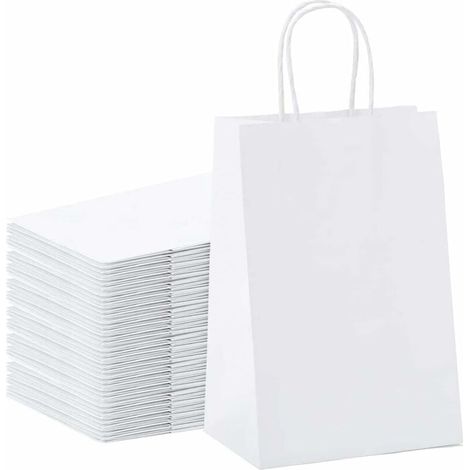 40 bolsas de papel kraft con asa, color blanco, para Navidad, Día de la Madre, Pascua, bodas y cumpleaños (21 x 15 x 8 cm). (1/5)