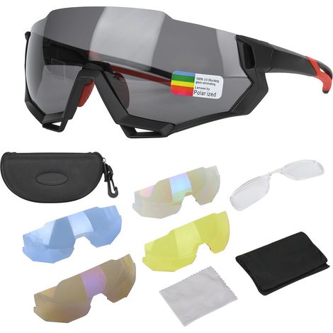 Ortviai Lunettes de vélo polarisées anti-vent avec cadre myope – Noir mat, 14,5 x 6,3 cm, lot de 4 verres + accessoires, lunettes de protection (1/5)
