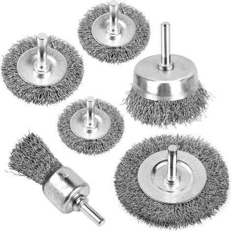 Set of 6 Wire Brushes for Drills - 0.012 mm Bore - Carbon Steel - For Cleaning Rust, Stripping, and Abrasive Removal, for Drills (1/4)