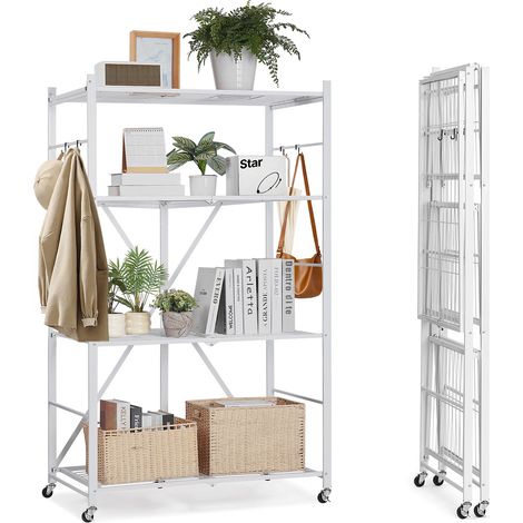 VEVOR Etagere Pliante Mobile, 4 Niveaux, Etagere Pliante a Roulettes, 91x53x152 cm, Metal Robuste, Charge Statique 340 kg Dynamique 90,7 kg, Meuble de Rangement pour Garage, Cuisine, Sous-sol, Blanc