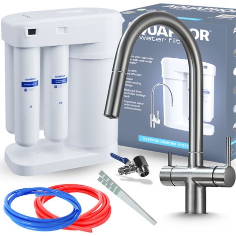Conjunto de filtro de agua potable por ósmosis inversa Aquaphor Morion 101S + grifo de cocina delgado de tres vías - grafito antracita (1/5)