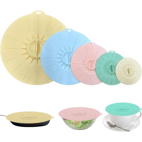 tapas de silicona de colores, 5 tamaños, reutilizables, sin BPA, protección universal contra derrames para cuencos, platos, ollas y tazas. (1/5)