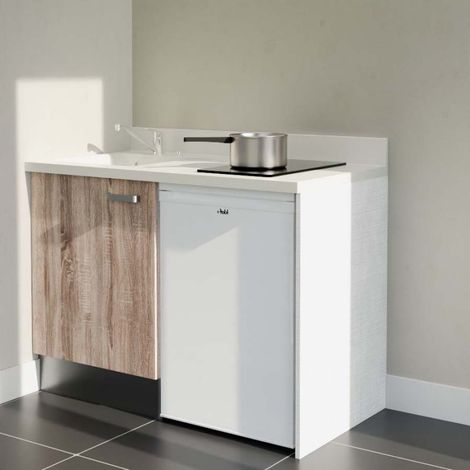 Kitchenette K08L - 120 cm - plan monobloc évier intégré Snova- évier à gauche - Façades Bois + Electroménager inclus coloris Blanc