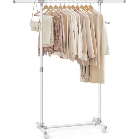 SONGMICS Stand Appendiabiti con Ruote, Attaccapanni, Altezza Regolabile 97-165 cm, Barra Estensibile, Ganci Laterali per Accessori, Bianco LLR001W01 (1/5)