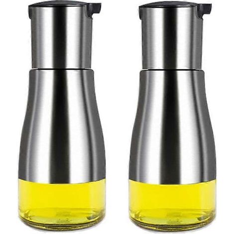 Bouteille d'huile, distributeur d'huile/vinaigre, bouteille d'huile en verre et acier inoxydable pour la cuisine et les grillades (Argent-2) (1/5)