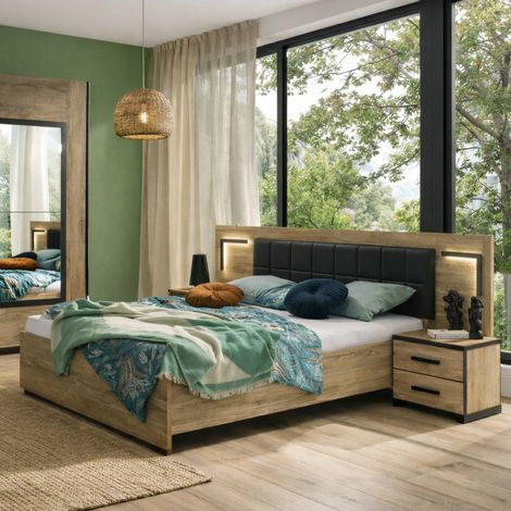 Lit en bois 160x200cm style industriel + chevets PIERRE (1/4)
