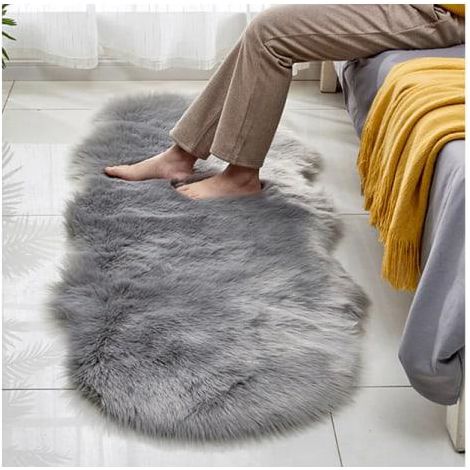 Tapis de sol à poils longs en fausse fourrure de mouton pour salon décoration Argent Gris (1/4)