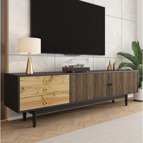 meuble tv rangement 180 cm 2 portes 3 tiroirs noir bois OKMYHOME (1/5)