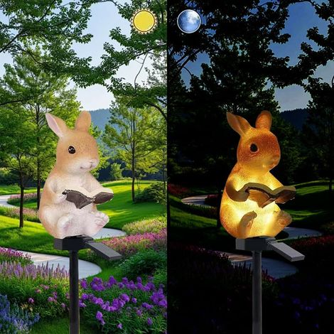 Lumières de lecture lapin alimentées par le soleil, lampe de sol d'animal mignon en résine décorative jardin, crépuscule sans fil à l'aube des lumières LED imperméables. (1/5)