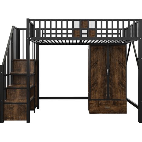Lit mezzanine en métal 90 × 200 cm avec design de garde-corps distinctif en bois et grillage métallique, avec grande armoire, tiroirs et escalier de rangement, noir (1/5)
