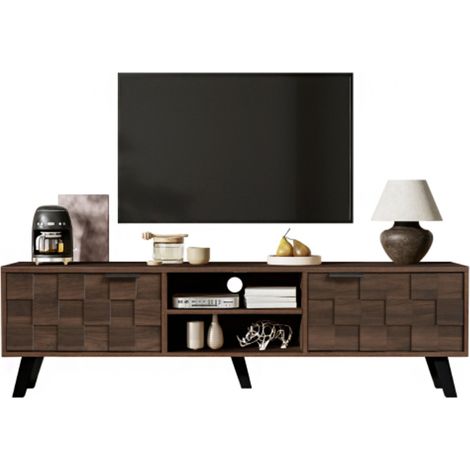 Moderner TV-Schrank mit 2 Türen und 2 offenen Fächern in dunkelholzener Maserung – 160,5 x 35,5 x 45 cm (1/5)