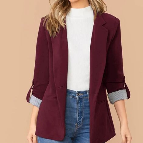 Veste tailleur femme, col rabattu, manches 3/4, coupe ouverte, rouge bordeaux, taille L