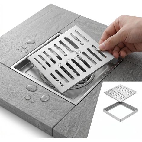 Bonde de sol en acier inoxydable avec cadre - 150 x 150 x 20 mm - Grille de drainage carrée antidérapante - Grille anti-blocage pour extérieur, salle de bain, jardin, terrasse (1/5)