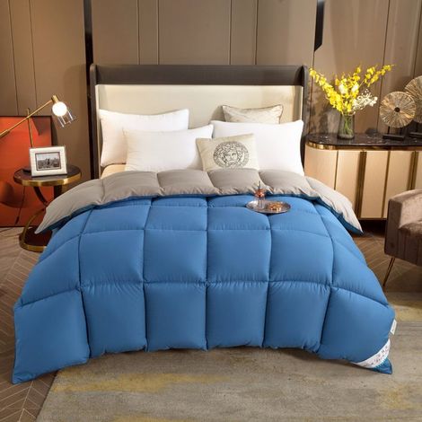 Couette chaude 400g/m² hypoallergénique – Bicolore bleu et gris – Reversible 150x200cm – Tissu doux et respirant (1/4)