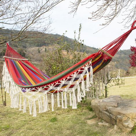 Hamac d'extérieur bohème pour 2 personnes, capacité de charge jusqu'à 204 kg, portable avec sac de transport pour terrasse, jardin, cour ou intérieur.