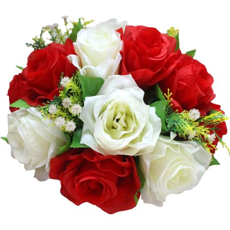 Boule de fleurs artificielles blanc rouge, Arrangement réaliste de 15 têtes pour décor de pièce matresse de mariage (1/5)