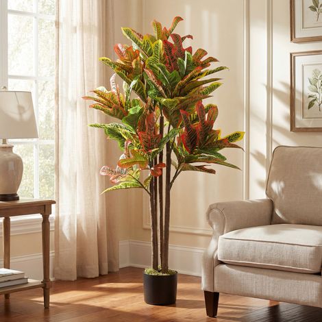 Crotón Artificiel 120 cm Plante Artificielle Décorative avec Pot et Feuilles pour Décoration d'Intérieur Multicolore (1/5)