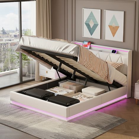 Lit coffre 160x200 cm, lit capitonné avec rangement hydraulique et éclairage LED, tête de lits avec rangement et ports USB, cadre de lits avec sommier en bois, velours, sans matelas, beige (1/5)