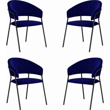 Chaises de salle à manger Aurelia en velours bleu nuit (lot de 4) avec pieds noirs (1/5)