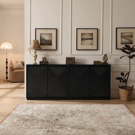 Buffet de rangement à rainures en V style Mid-Century, en MDF avec placage bois massif, noir (1/5)