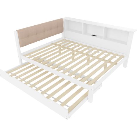 Cama banqueta 140x200 cm con cama nido, LED, USB y estantes, blanca (1/5)