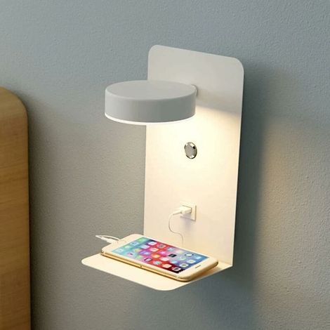 MINKUROW LED-Innenwandleuchte mit USB-Anschluss, 12 W, dreifarbig, dimmbar, moderne Wandleuchte mit Schalter, Wandleuchte, Leselampe, Nachttischlampe, 330° schwenkbar, beleuchtetes Nachtlicht, weiß