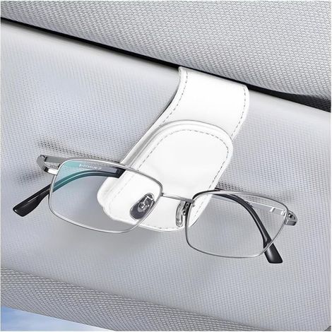 Porte-Lunettes De pour Voiture, Magnétique en Cuir Clip Cintre De Lunettes pour Voiture, Support De Lunettes De Soleil De Visière Voiture Universel avec Pince à Carte (Blanc) (1/5)