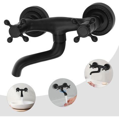 Zweigriffarmatur, Wandarmatur für das Badezimmer, um 360° schwenkbar, Zweigriff-Badewannenarmatur für Warm- und Kaltwasser, Retro-Badewannenarmatur aus massivem schwarzem Messing (1/5)