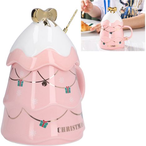 Grande Tasse Céramique 500ml avec Couvercle et Cuillère - Mug à Café/Thé Idée Cadeau Noël Rose
