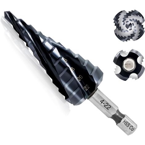 Foret Étagé Metal,Cobalt HSS M35 Ø 4-22 mm avec Revêtement AlTiN et Queue Hexagonale Rapide (1/5)