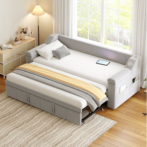 Divano letto 90/180 x 190 cm con schienale ampio, Bluetooth, USB, vani, velluto grigio chiaro HAVRYA (1/5)