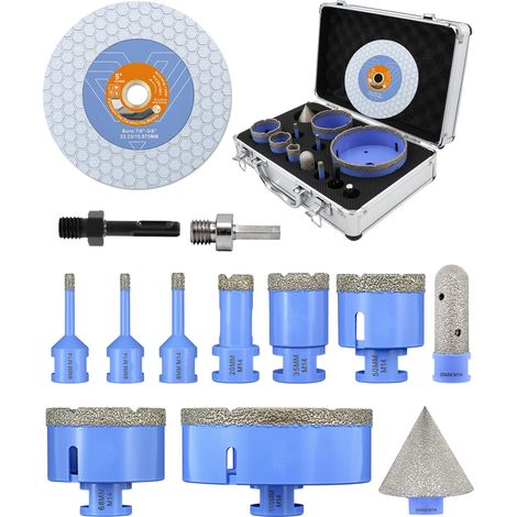 Foret Carrelage Diamant 13 Pièces - 6/6/8/20/35/50/68/110mm Trépan M14, 20mm Fraise, 50mm Mèche à Chanfrein, Adaptateurs, 125mm Disque Diamant pour Céramique Porcelaine Marbre Granit (1/5)