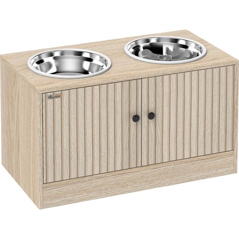 Portaciotole per Cani 60x30x35,5 cm con 2 Ciotole da 2L in Acciaio Inox e Armadietto Inferiore in Legno Rovere (1/5)