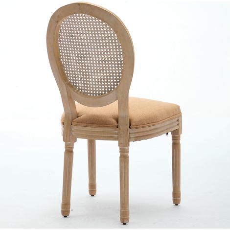 Lot de 2 chaises de salle à manger en bois massif style français, dossier cannage rotin, tissu lin, peinture ancienne, couleur Tan, DE1843TN (1/5)