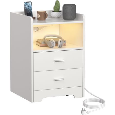 Randaco Comodino con luce LED, tavolino da letto moderno per camera da letto, comodino con ripiano portaoggetti Bianco (1/5)