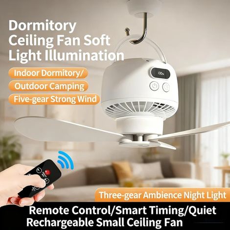 Petit ventilateur de plafond rechargeable - avec veilleuse LED - 5 vitesses de ventilation - idéal pour les dortoirs et le camping. (1/5)