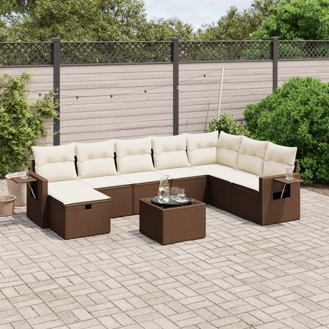Salon de jardin 9 places en résine tressée marron, table verre trempé, coussins lavables, modulaire (8 coussins d'assise, 9 dossiers), assorti complet pour terrasse (1/4)