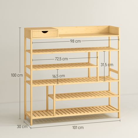 Schuhregal, Schuhstnder mit 6 Ebenen, Schublade aus Bambus, fr max. 18  Paar Schuhe, Schuhablage fr Eingang, Schlafzimmer, 101 x 30 x 100 cm, Natur