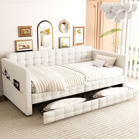 Divano letto imbottito 90x190 cm beige in velluto con 2 cassetti e tasche laterali (1/5)