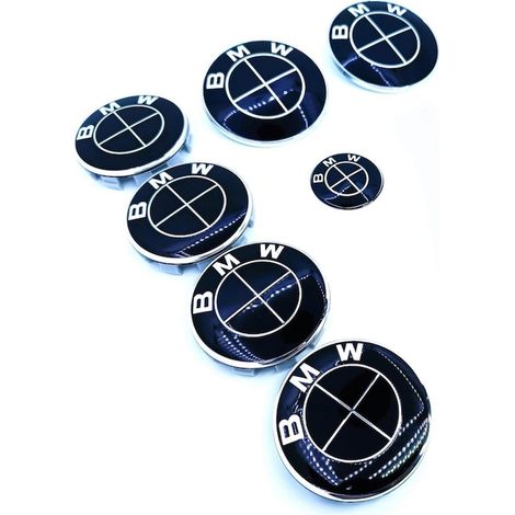 Lot d'emblèmes compatibles BMW, 7 pièces + 4 douilles à broches, noir intégral, capot/coffre 82 mm, enjoliveurs de jantes 68 mm, logo de volant 44 mm, BMW Série 1, 5, 6, 7, X1, X3, X5, X6, E60, F10 (1/2)