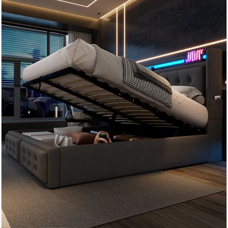 Letto contenitore imbottito 180x200 grigio con LED, USB-C e rete a doghe (1/5)