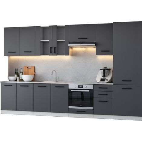 Cuisine complète Jolly GRIS graphite 320 cm colonne et encastrement four 9 éléments